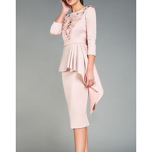 

Sheath / Column Mother of the Bride Dress Elegant Jewel Neck Tea Length Satin 3/4 Length Sleeve with Pleats Appliques 2020