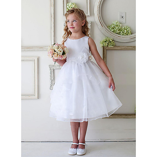 

A-Line Knee Length Wedding / Party Flower Girl Dresses - Satin / Tulle Sleeveless Jewel Neck with Appliques / Ruching