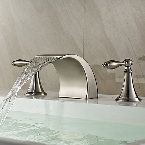 

Bathroom Sink Faucet - Widespread / Waterfall Nickel Brushed Deck Mounted Two Handles Three HolesBath Taps