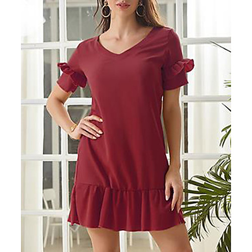 

Women's Shift Dress Short Sleeves Solid Color Summer V Neck Street chic 2020 Red Yellow S M L XL