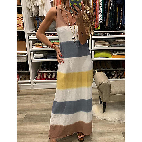 

Women's Shift Dress Maxi long Dress - Sleeveless Striped Summer V Neck Casual 2020 Yellow Gray Light Blue S M L XL