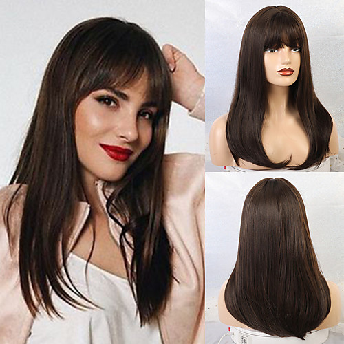 

Synthetic Wig Straight Matte Classic Middle Part Neat Bang Wig Long Black / Brown Synthetic Hair 20 inch Women's Waterfall Dark Brown