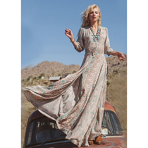 

Women's A-Line Dress Maxi long Dress - 3/4 Length Sleeve Print Summer Casual Chinoiserie 2020 Khaki S M L XL XXL XXXL XXXXL XXXXXL