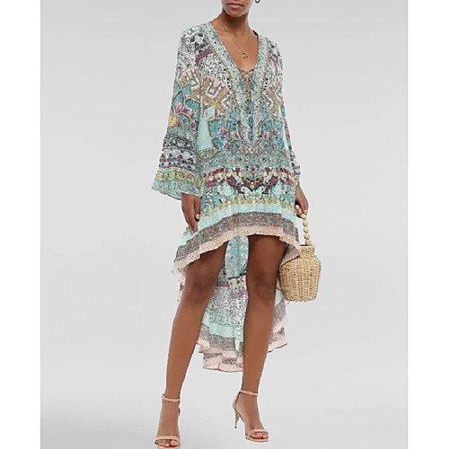 

Women's Shift Dress Short Mini Dress - Long Sleeve Floral Print Drawstring Summer V Neck Boho Loose 2020 Purple Green S M L XL XXL XXXL XXXXL