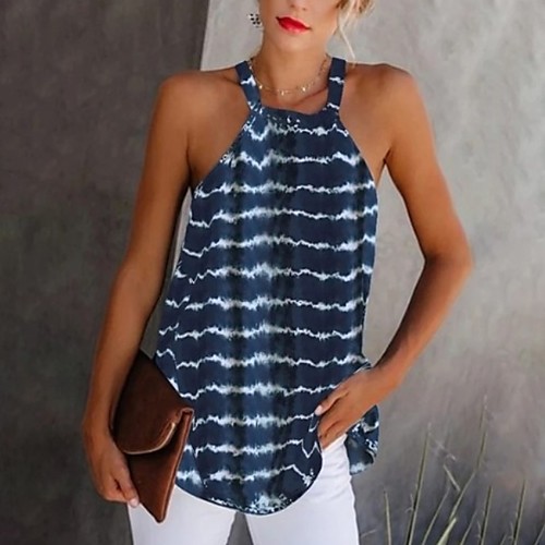 

Women's Striped Tie Dye Print Blouse Daily Halter Neck Wine / Black / Blue / Purple / Green