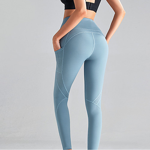 

Women's High Waist Yoga Pants Patchwork Side Pockets Light Purple Blue Nylon Non See-through Running Fitness Gym Workout Tights Leggings Sport Activewear Breathable Tummy Control Butt Lift Moisture