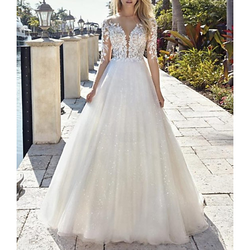 

Ball Gown A-Line Wedding Dresses Jewel Neck Sweep / Brush Train Lace Tulle Sequined Long Sleeve Formal Sexy See-Through with Embroidery 2020