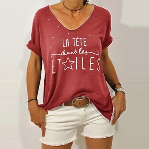 

Women's T shirt Letter V Neck Tops Basic Top Red Yellow Navy Blue