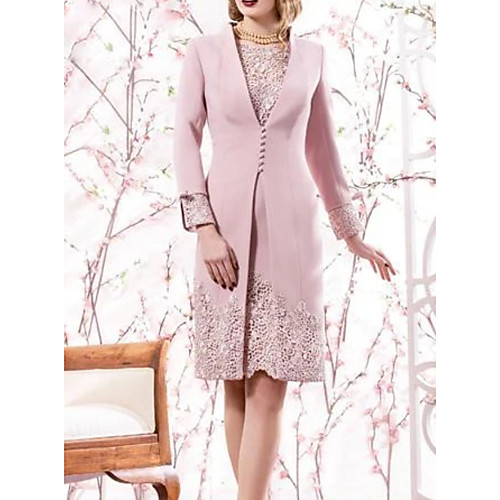 

Two Piece Mother of the Bride Dress Elegant Jewel Neck Knee Length Lace Satin Long Sleeve with Embroidery 2021