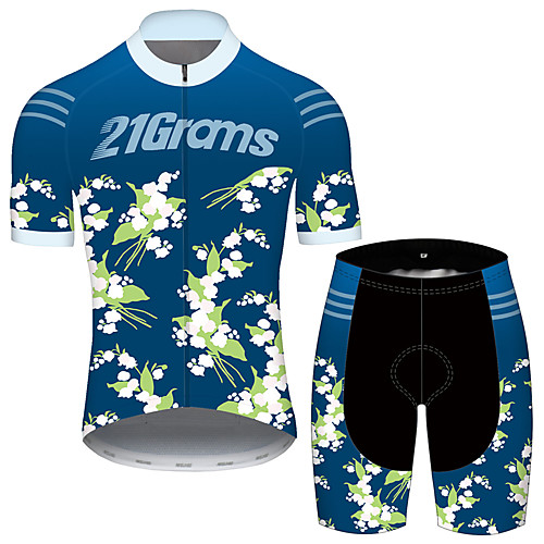 

21Grams Men's Short Sleeve Cycling Jersey with Shorts Blue Floral Botanical Bike UV Resistant Quick Dry Sports Patterned Mountain Bike MTB Road Bike Cycling Clothing Apparel / Stretchy