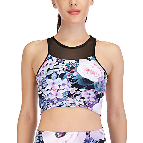 

Women's Sports Bra Medium Support Patchwork Wirefree Print Purple Mesh Yoga Running Fitness Bra Top Sport Activewear Breathable Comfort Quick Dry Freedom Stretchy