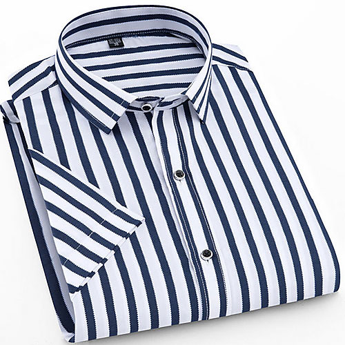 

Men's Striped Plaid Print Shirt Daily Button Down Collar Navy Blue / Short Sleeve