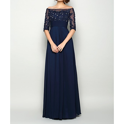 

A-Line Mother of the Bride Dress Elegant Illusion Neck Off Shoulder Floor Length Chiffon Lace Half Sleeve with Pleats Beading Appliques 2021