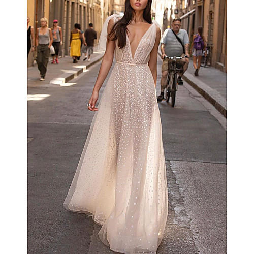 

A-Line Wedding Dresses V Neck Floor Length Tulle Sleeveless Beach Sexy See-Through with Sashes / Ribbons Beading 2020