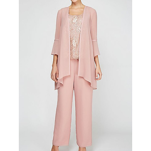 

Two Piece Pantsuit / Jumpsuit Mother of the Bride Dress Elegant Jewel Neck Floor Length Chiffon Lace 3/4 Length Sleeve with Lace Appliques 2020