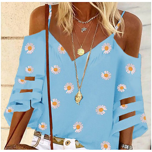 

Women's Floral Daisy Cut Out Print T-shirt Basic Daily Strap V Neck White / Blue / Purple / Green