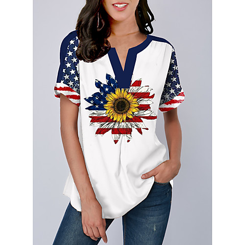 

Women's Floral National Flag Sun Flower Print Blouse Daily V Neck White