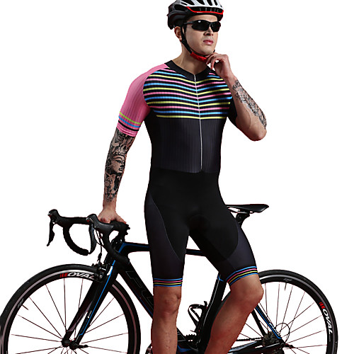 

BOESTALK Men's Short Sleeve Triathlon Tri Suit One Piece Swimsuit Spandex Pink / Black Bike Breathable Quick Dry Back Pocket Moisture Wicking Sports Horizontal Stripes Mountain Bike MTB Road Bike