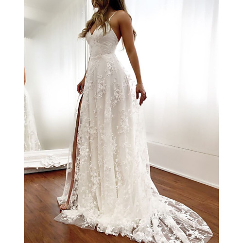 

A-Line Wedding Dresses Spaghetti Strap Sweep / Brush Train Lace Sleeveless Beach Sexy Backless with Embroidery Appliques 2020