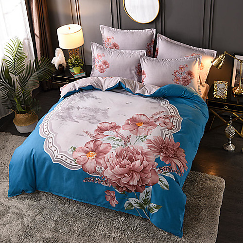 

4 Pieces Chinoiserie Duvet Cover Set Elegant Floral Pattern Brushed Comfortable Beddings