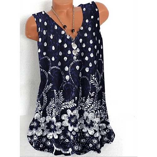 

Women's Blouse Tank Top Shirt Floral Polka Dot Flower Print Round Neck Tops Basic Top Blue