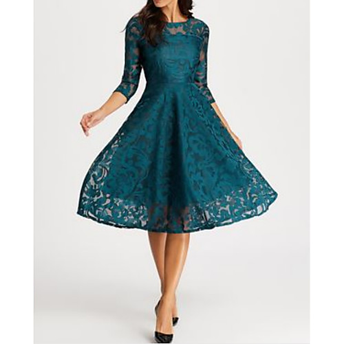 

A-Line Elegant Turquoise / Teal Party Wear Prom Dress Jewel Neck 3/4 Length Sleeve Knee Length Lace with Lace Insert Appliques 2020