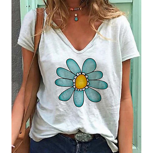 

Women's T shirt Floral Flower V Neck Tops Basic Top White