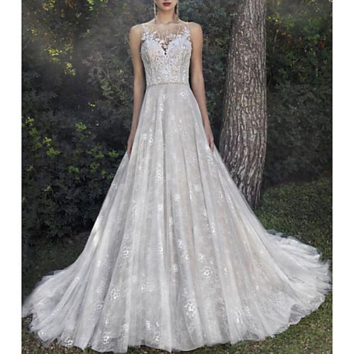 

A-Line Wedding Dresses Jewel Neck Sweep / Brush Train Lace Tulle Sleeveless Formal Sexy See-Through with Embroidery 2020