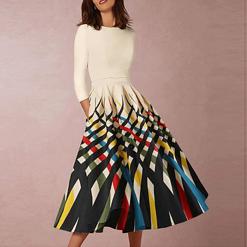 

A-Line Elegant Minimalist Wedding Guest Cocktail Party Dress Jewel Neck Half Sleeve Knee Length Taffeta Spandex with Pattern / Print 2020