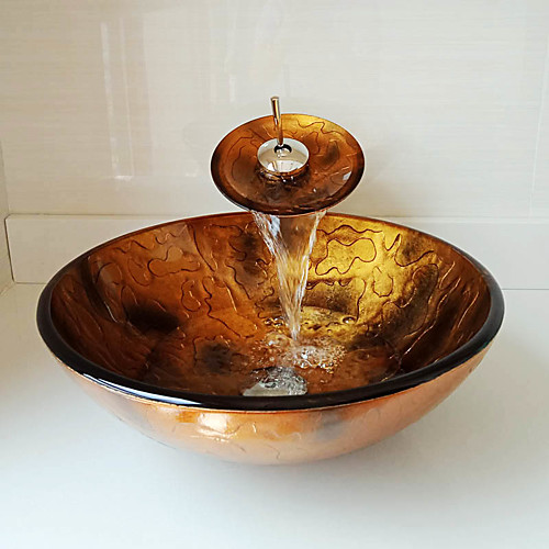 

Round Carved Footprints Tempered Glass Vessel Sink with Waterfall Faucet Pop - Up Drain and Mounting Ring