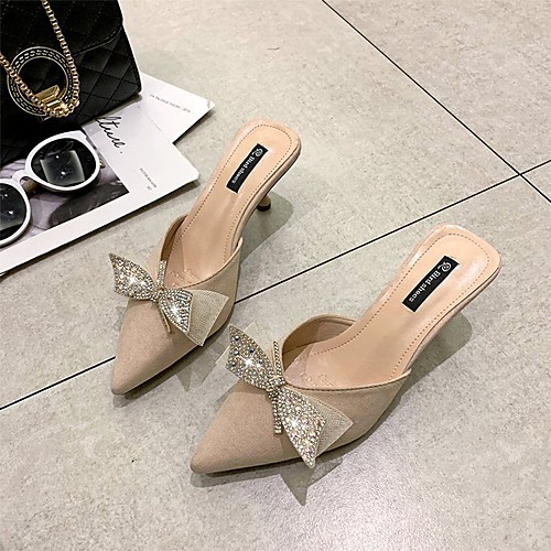 

Women's Sandals Spring & Fall / Spring & Summer Kitten Heel Pointed Toe Casual Minimalism Daily Party & Evening Bowknot / Sparkling Glitter Solid Colored Suede Black / Beige