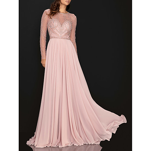 

A-Line Elegant Pink Engagement Formal Evening Dress Illusion Neck Long Sleeve Sweep / Brush Train Chiffon with Pleats Sequin 2020