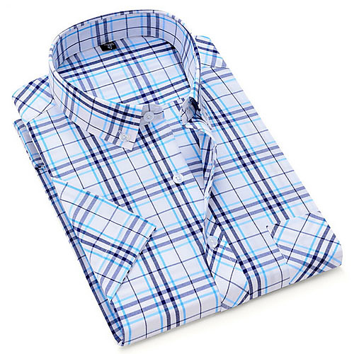 

Men's Plaid Print Shirt - Cotton Daily Button Down Collar Blue / Short Sleeve
