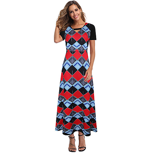 

Women's Sheath Dress Maxi long Dress - Short Sleeves Color Block Summer Fall Boho 2020 Rainbow S M L XL XXL