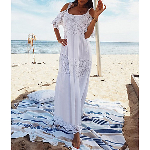 

Women's Maxi Shift Dress - Short Sleeve Solid Colored Strap White One-Size