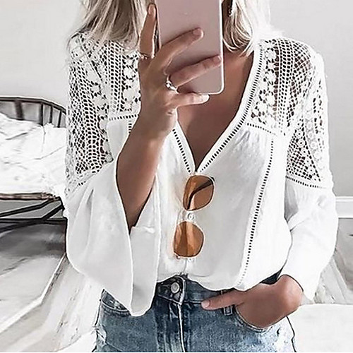 

Women's Solid Colored Lace Patchwork Shirt Daily V Neck White