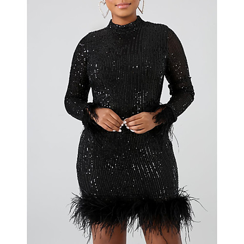 

Women's The Great Gatsby Flapper Dress - Long Sleeve Solid Colored Sequins Crew Neck Elegant 1920s Slim Black Beige S M L XL XXL