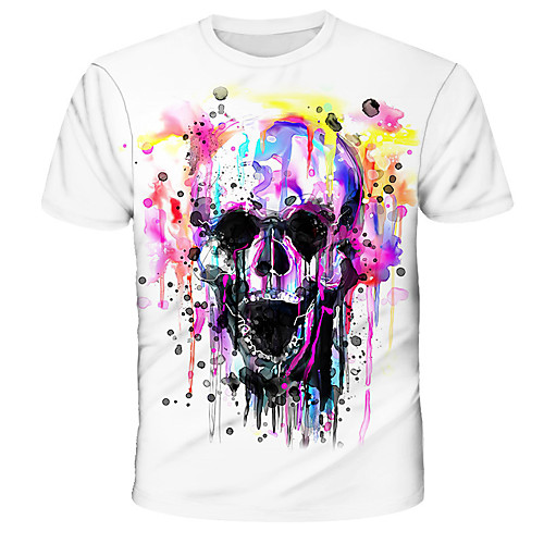 

Men's 3D Skull Blue & White Print T-shirt Street chic Exaggerated Daily Holiday Round Neck Rainbow / Short Sleeve
