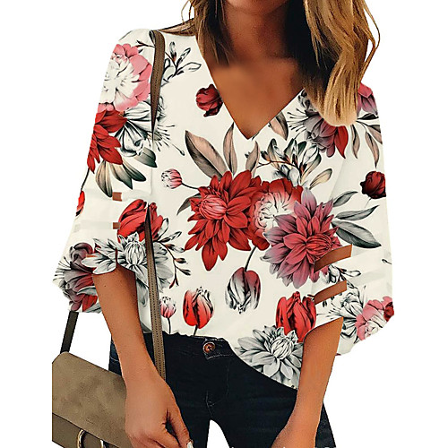 

Women's Tank Top Floral Flower Long Sleeve Print V Neck Tops Basic Top Red