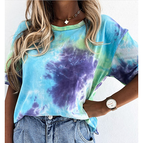 

Women's T-shirt Tie Dye Tops Round Neck Cotton Daily Summer Purple Orange S M L XL 2XL