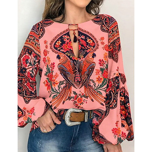 

Women's Blouse Shirt Floral Flower Long Sleeve Lace up Print Round Neck Tops Basic Basic Top White Yellow Orange