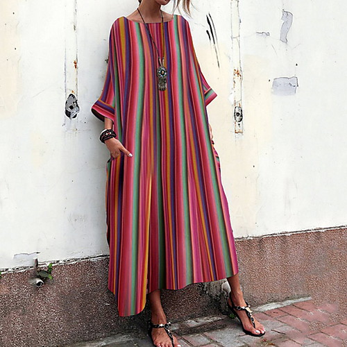 

Women's Shift Dress Midi Dress - Long Sleeve Striped Patchwork Summer Casual Daily 2020 Red S M L XL XXL XXXL