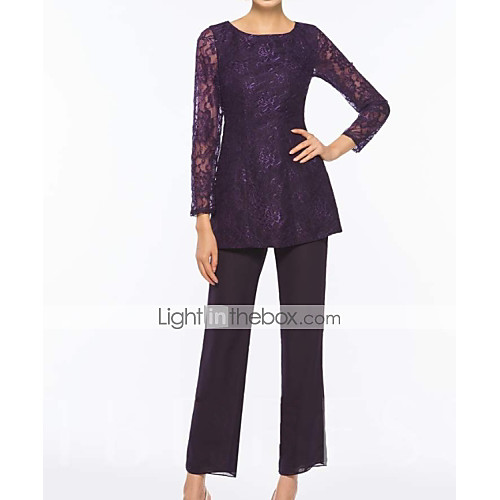 

Pantsuit / Jumpsuit Mother of the Bride Dress Elegant Jewel Neck Floor Length Chiffon Lace 3/4 Length Sleeve with Appliques 2020