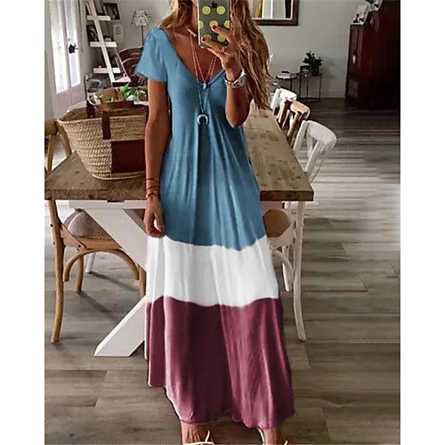 

Women's Maxi A Line Dress - Short Sleeves Color Block V Neck Elegant Holiday Beach Home Loose Blue Red Green Brown Gray S M L XL XXL XXXL XXXXL XXXXXL
