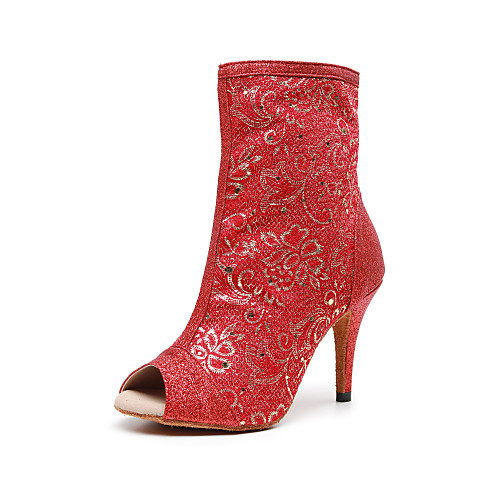 

Women's Dance Boots Heel Ruffle Slim High Heel Dark Red Zipper