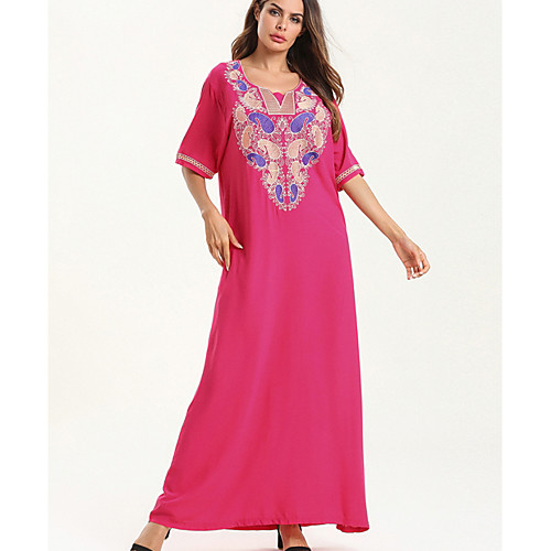 

Women's A-Line Dress Maxi long Dress - Short Sleeves Print Summer Elegant 2020 Fuchsia M L XL XXL