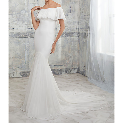 

Mermaid / Trumpet Wedding Dresses Off Shoulder Court Train Stretch Satin Chiffon Over Satin Short Sleeve Simple with Ruffles 2020