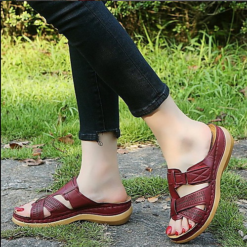 

Women's Sandals Boho Bohemia Beach Wedge Sandals Flat Sandals Flat Heel Round Toe Daily PU Black Red Burgundy