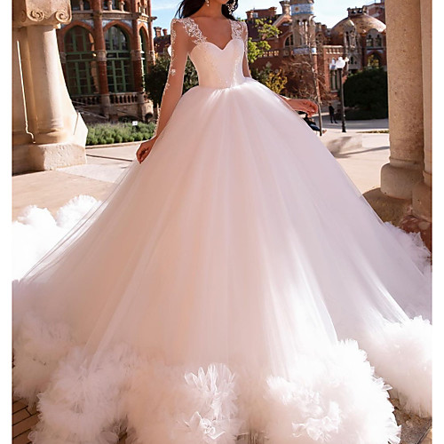 

Ball Gown Wedding Dresses V Neck Court Train Lace Tulle Long Sleeve Formal Illusion Sleeve with Ruffles 2021