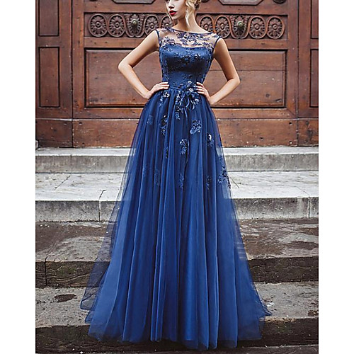 

A-Line Beautiful Back Floral Engagement Formal Evening Dress Illusion Neck Sleeveless Floor Length Chiffon with Pleats Appliques 2020